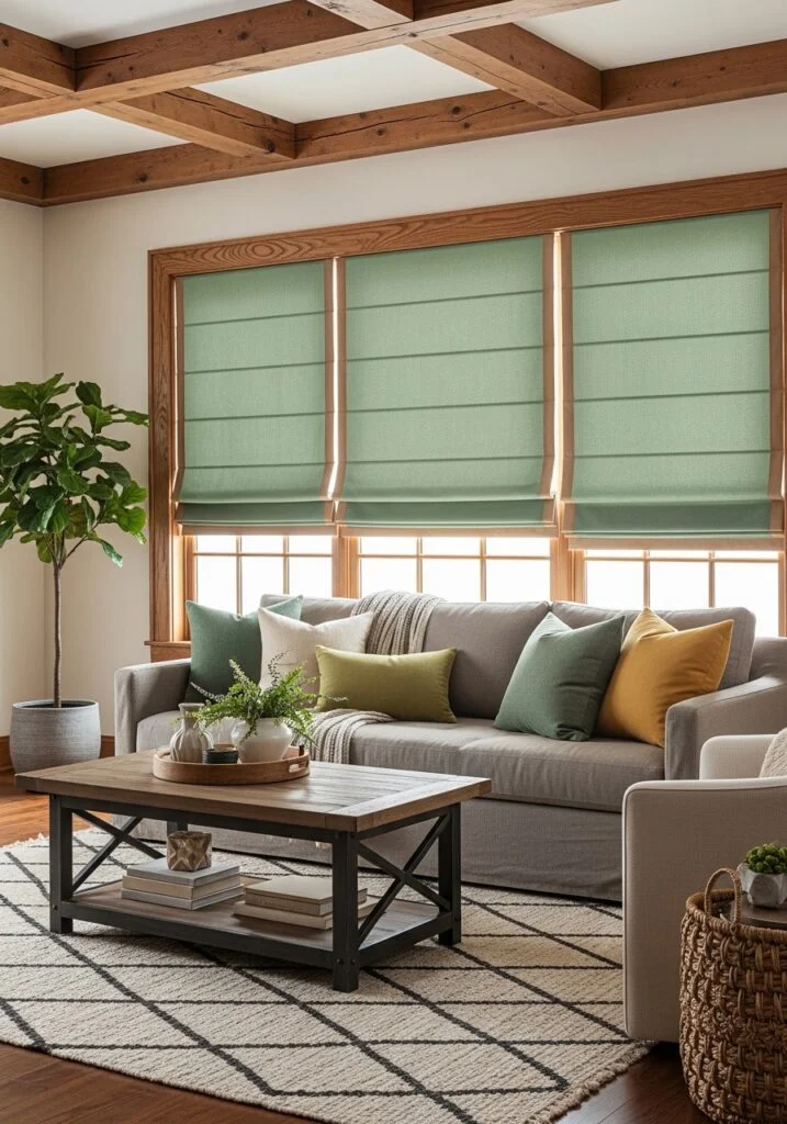 Sage Green Roman Shades with Natural Wood Trim