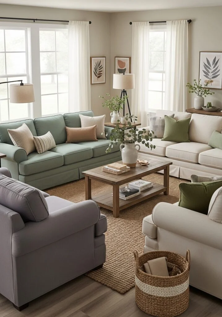 Slipcover Sofas in Sage Green and Neutral Tones