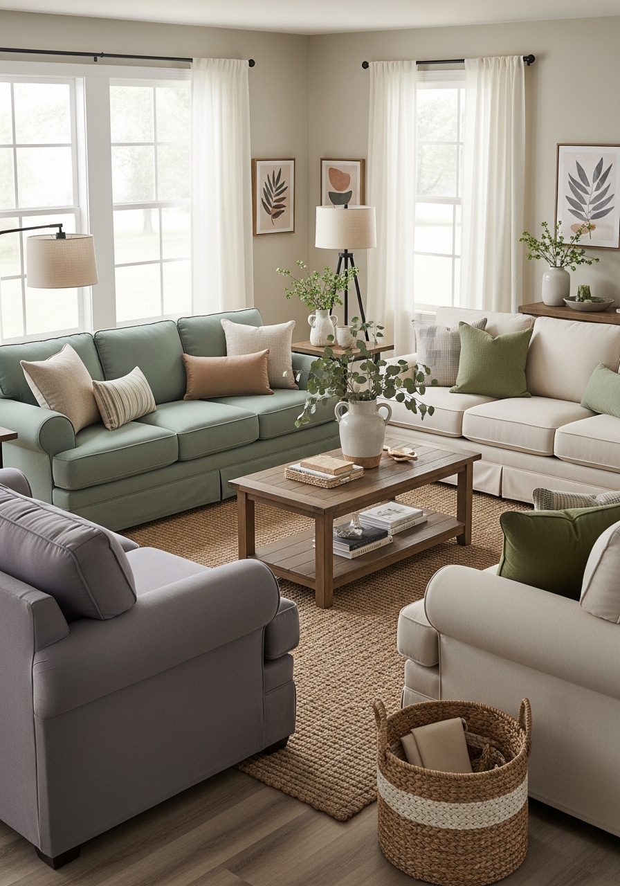 Slipcover Sofas in Sage Green and Neutral Tones