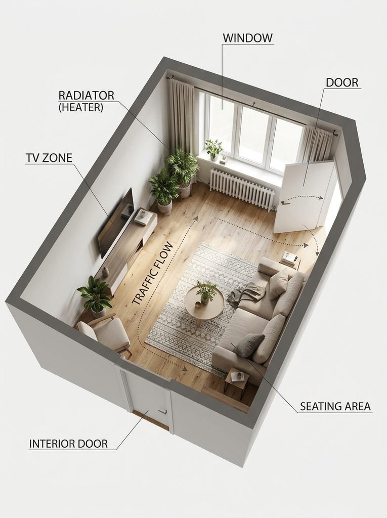Small Living Room Floor Plans That Work Around Awkward Doors, Windows, and Heaters