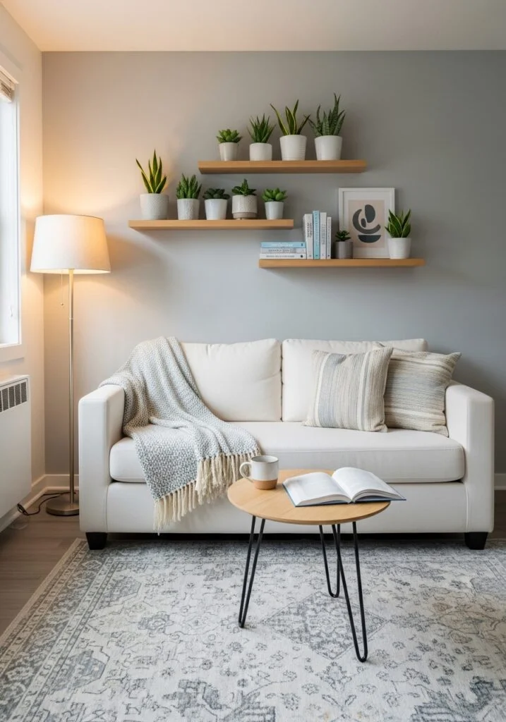 Small apartment living room with white couch and floating wooden shelves