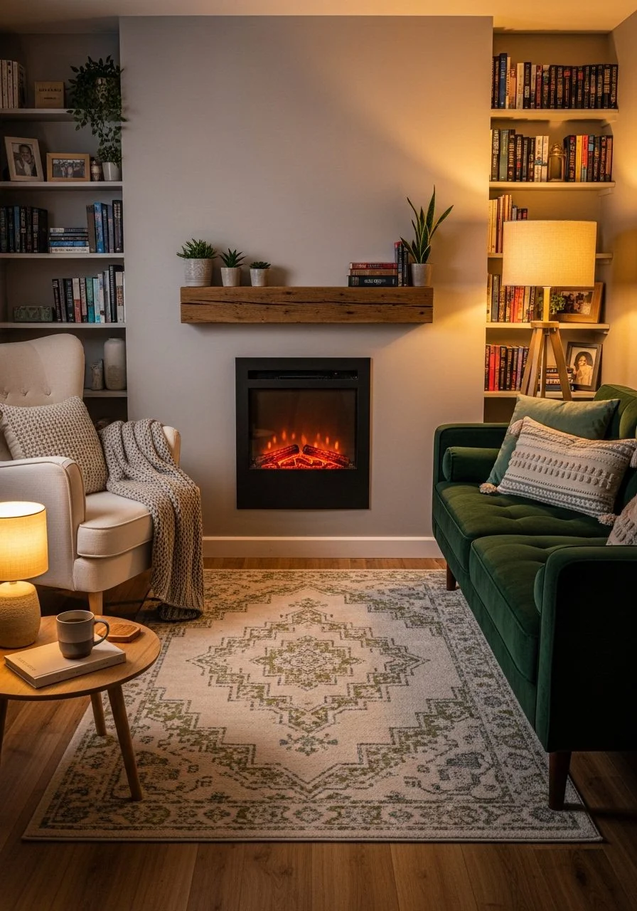Small cozy living room with electric fireplace