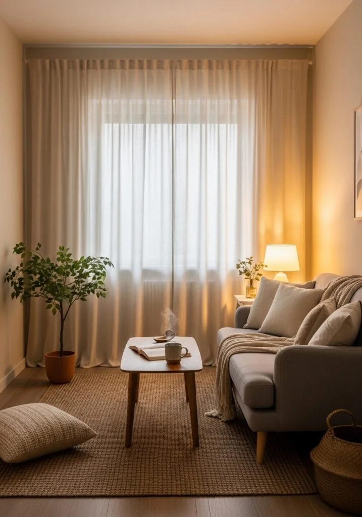 Small cozy living room with floor-length linen curtains