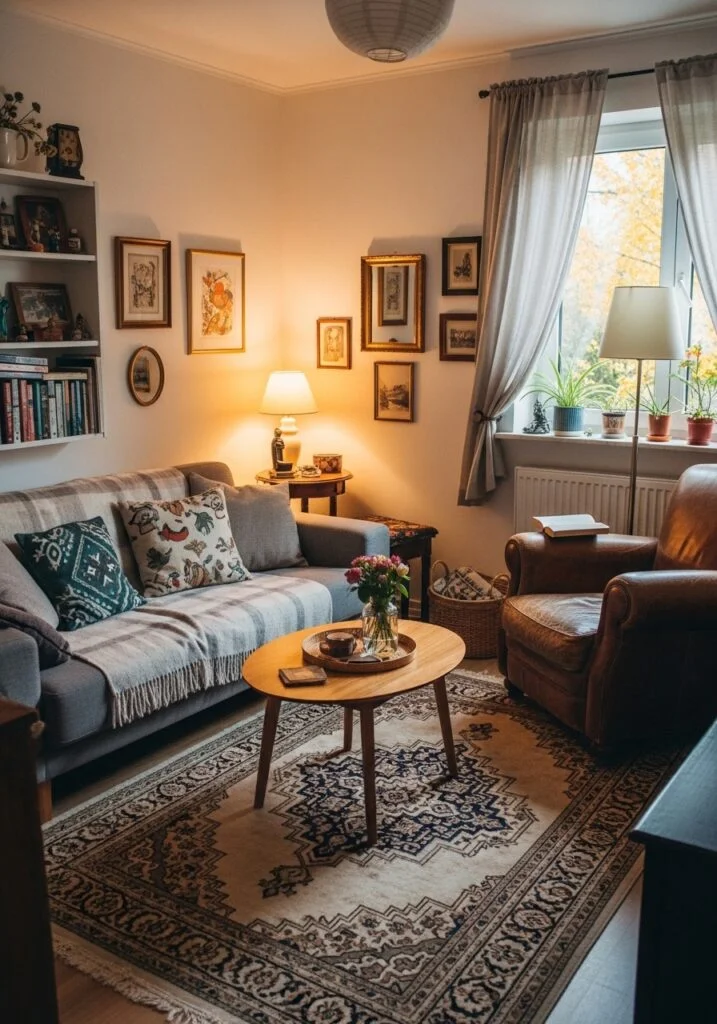 Small cozy living room with framed photos