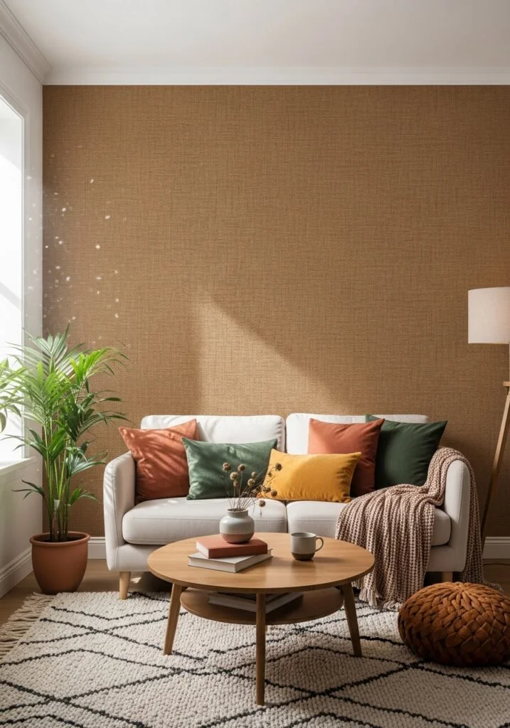 Small cozy living room with textured accent wall