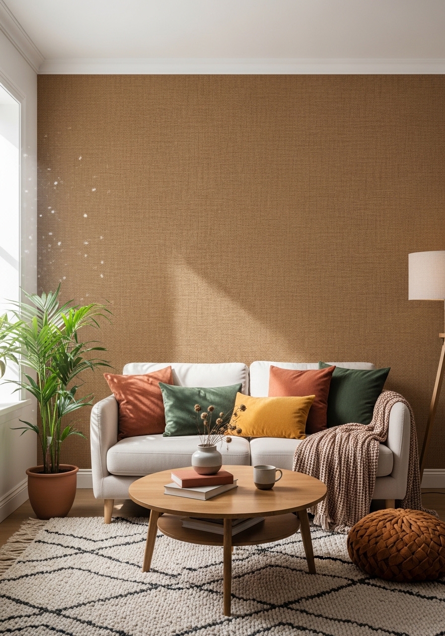 Small cozy living room with textured accent wall
