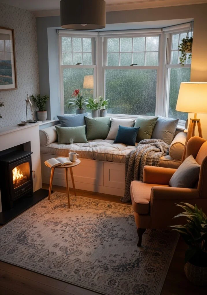 Small cozy living room with window seat