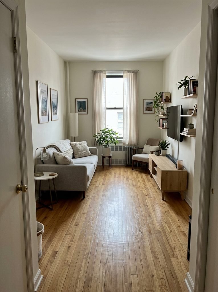 Small living room seen from the entry, with a clear floor leading toward the far wall