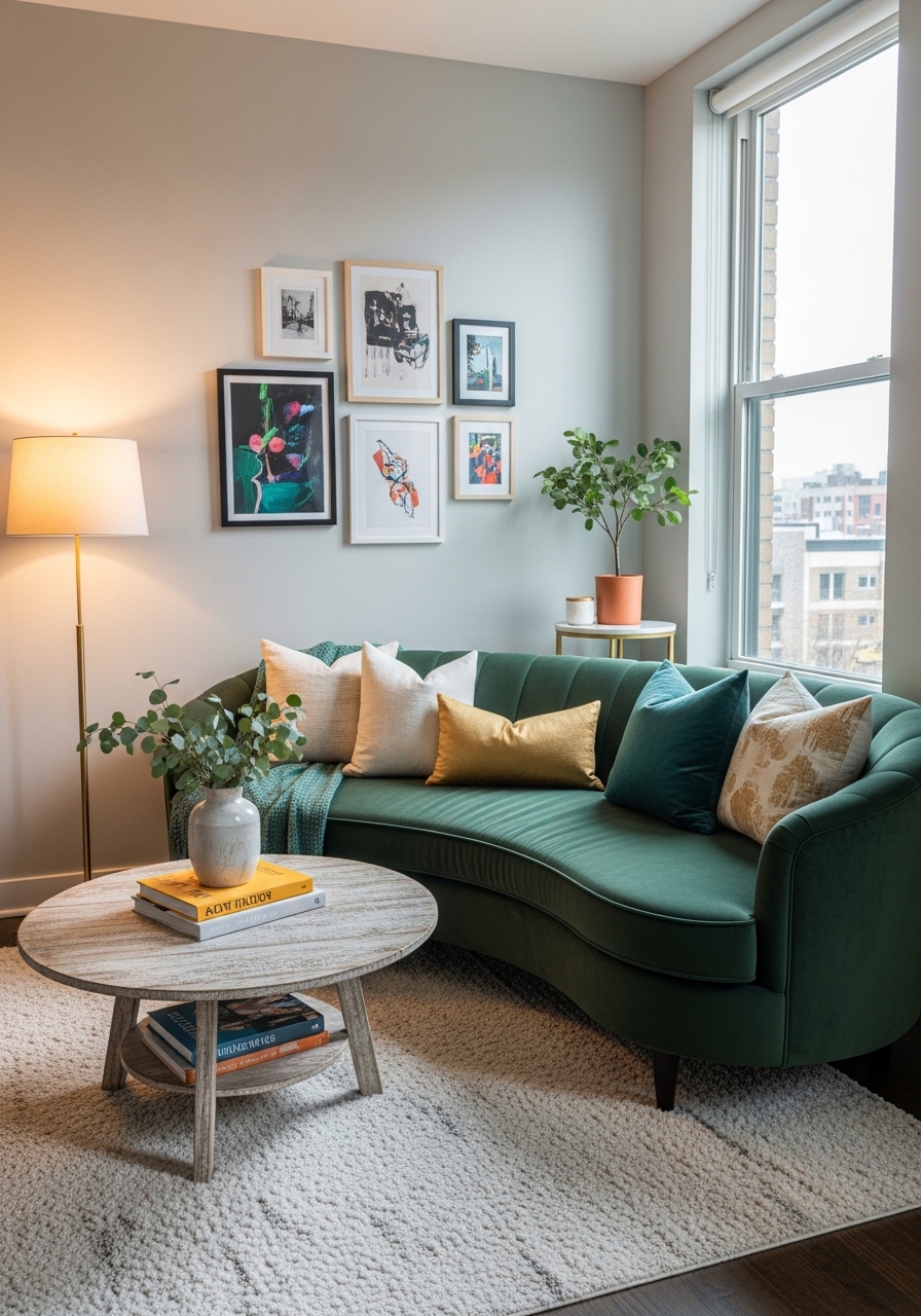 Small living room with curved sofa
