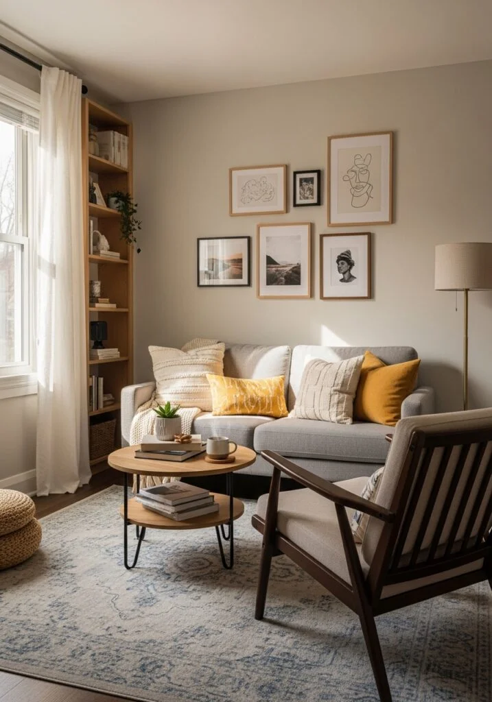 Small living room with floor-length linen curtains