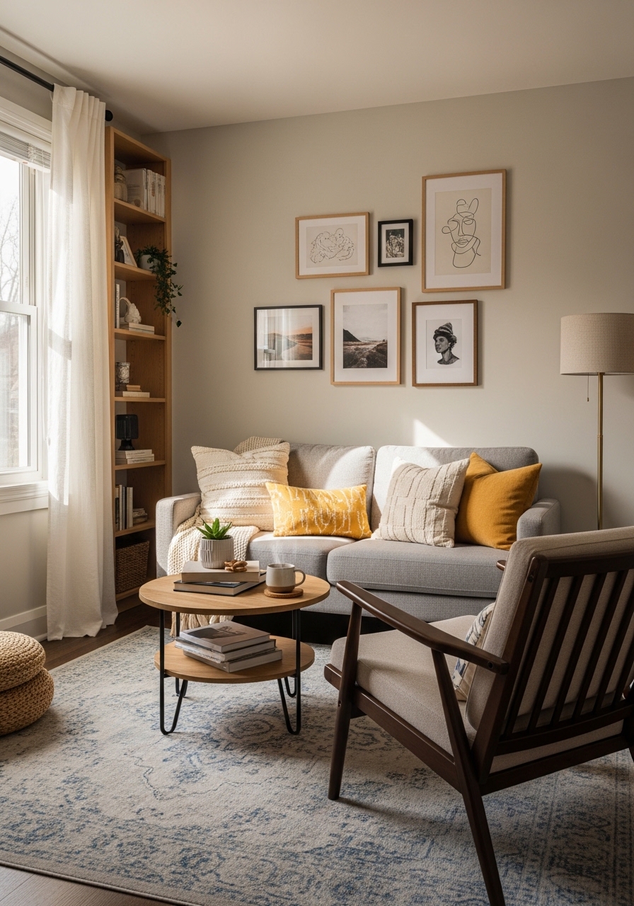 Small living room with floor-length linen curtains