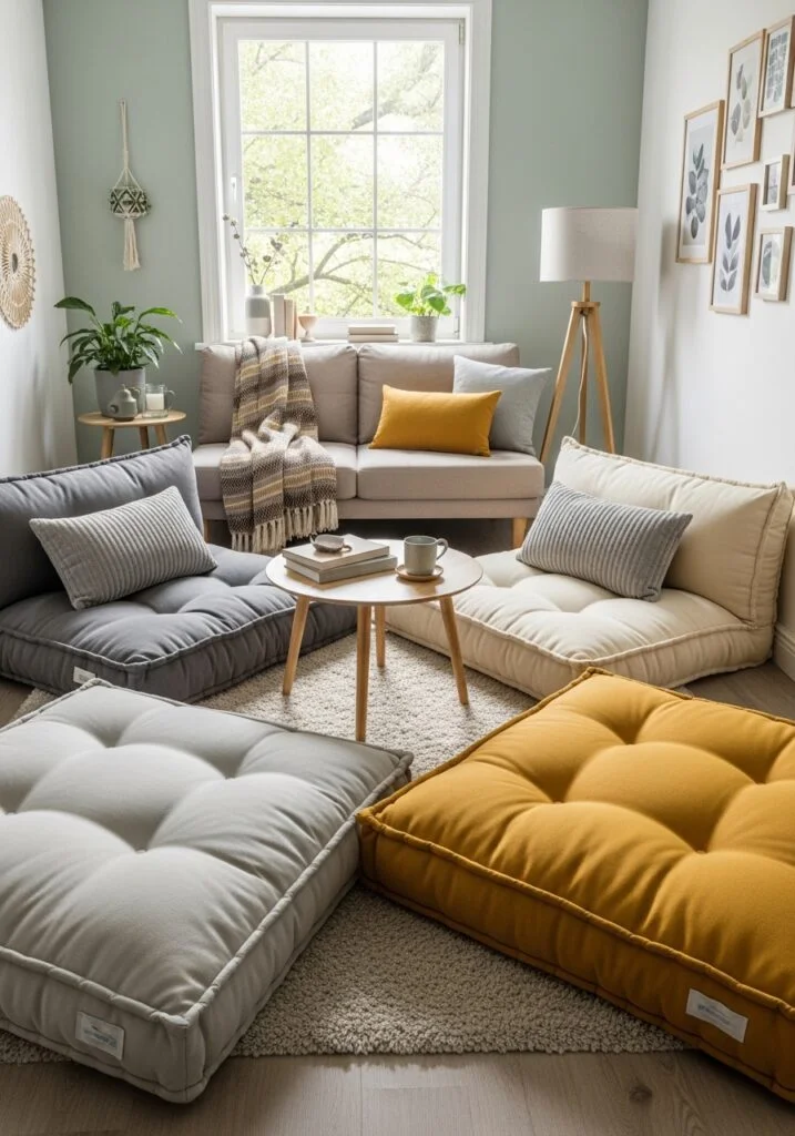 Small living room with oversized floor cushions