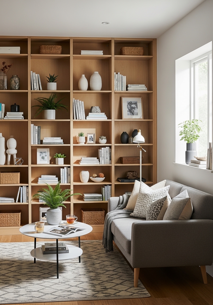 Small living room with vertical shelves