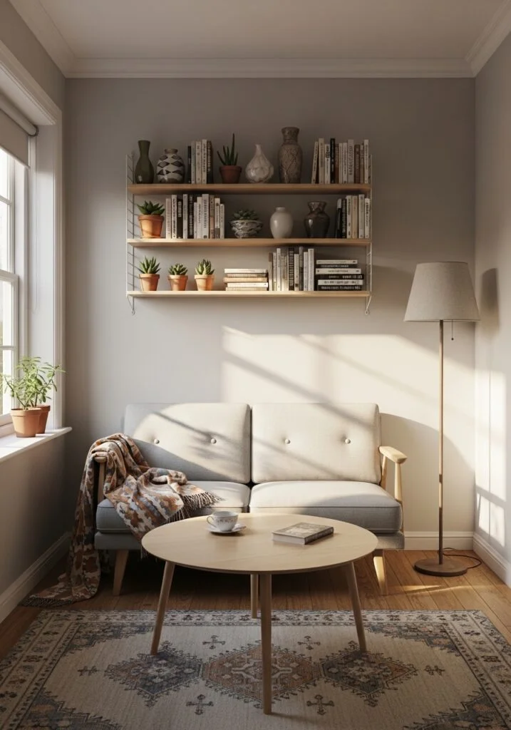 Small living room with wall-mounted shelves