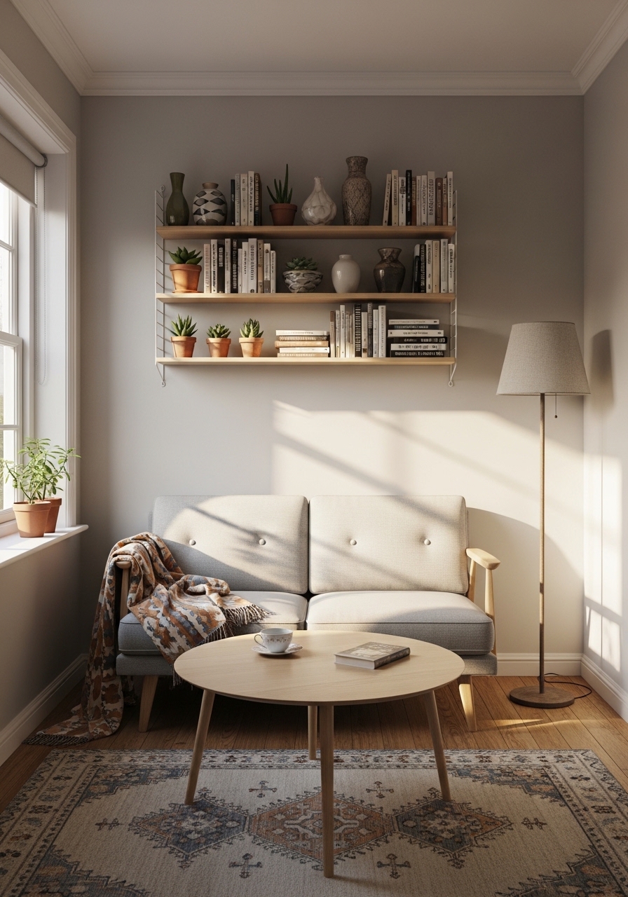 Small living room with wall-mounted shelves