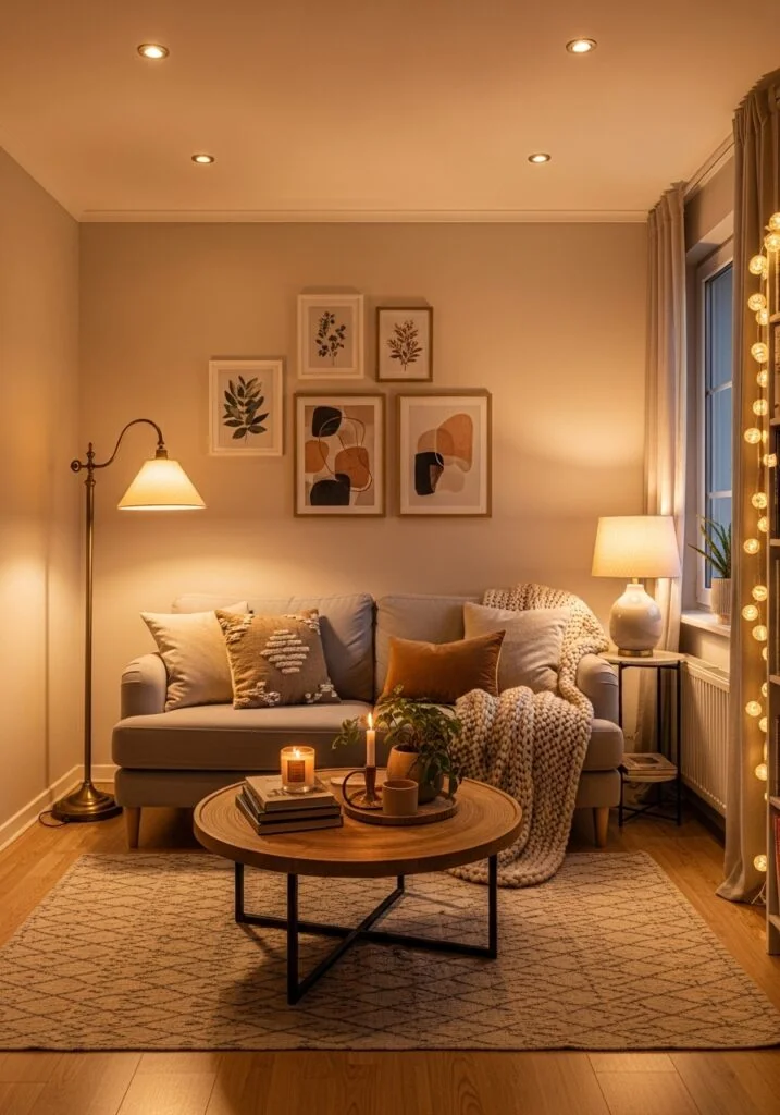 Small living room with warm layered lighting