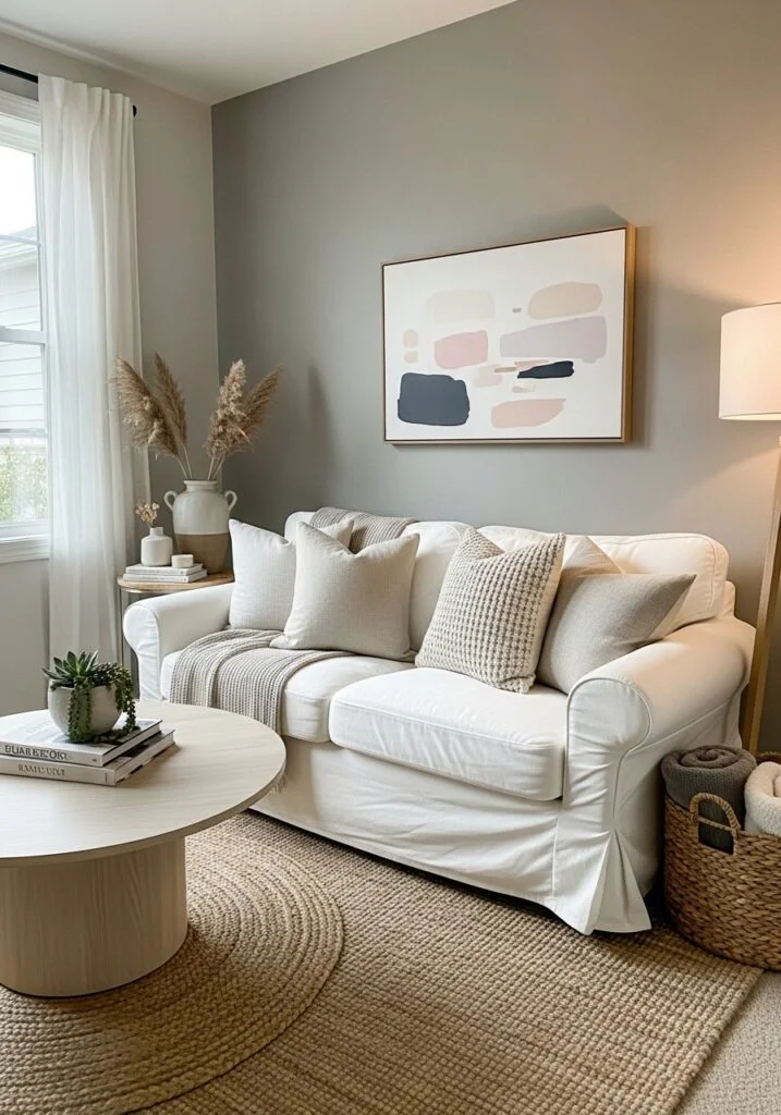 Small living room with white couch