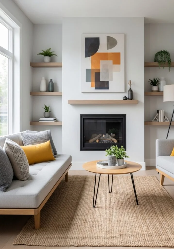 Small modern living room with electric fireplace