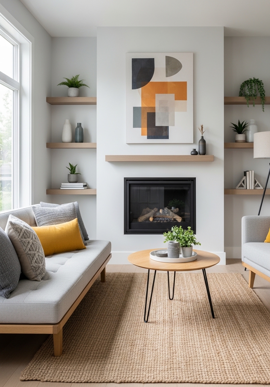 Small modern living room with electric fireplace