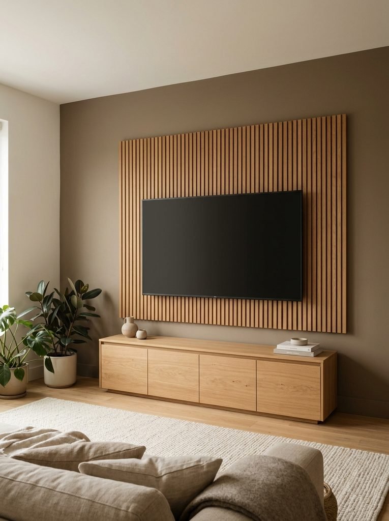 A 65-inch TV is about 57 inches wide. On a flat white wall it becomes the strongest contrast in the room, and your eye returns to it even when it is off.