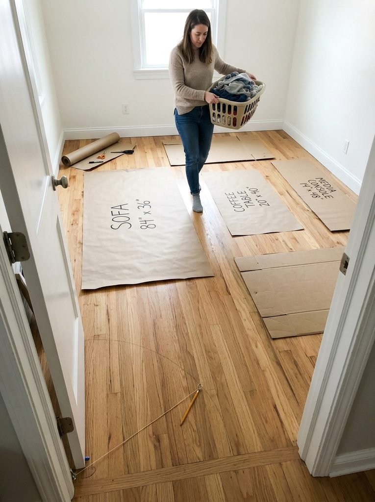 Before you drag anything across the floor, cut templates from kraft paper or flattened shipping boxes.