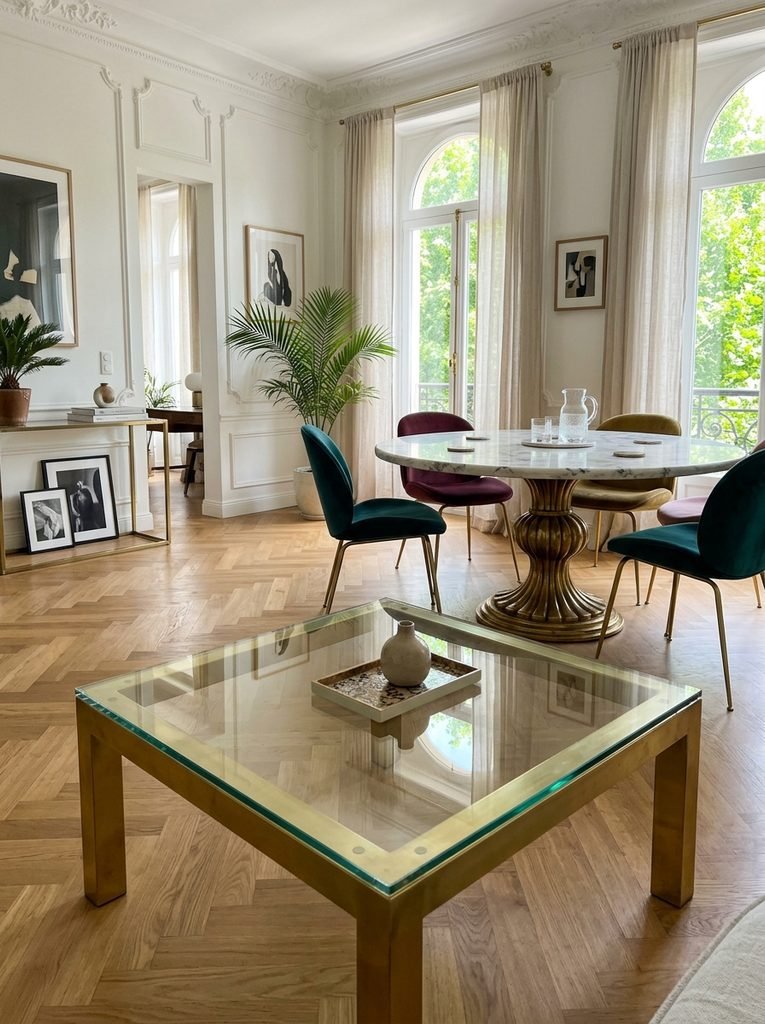 Marble and glass feel cool under your forearm when the air is hot, which makes them the right Neo-Deco surfaces for summer.