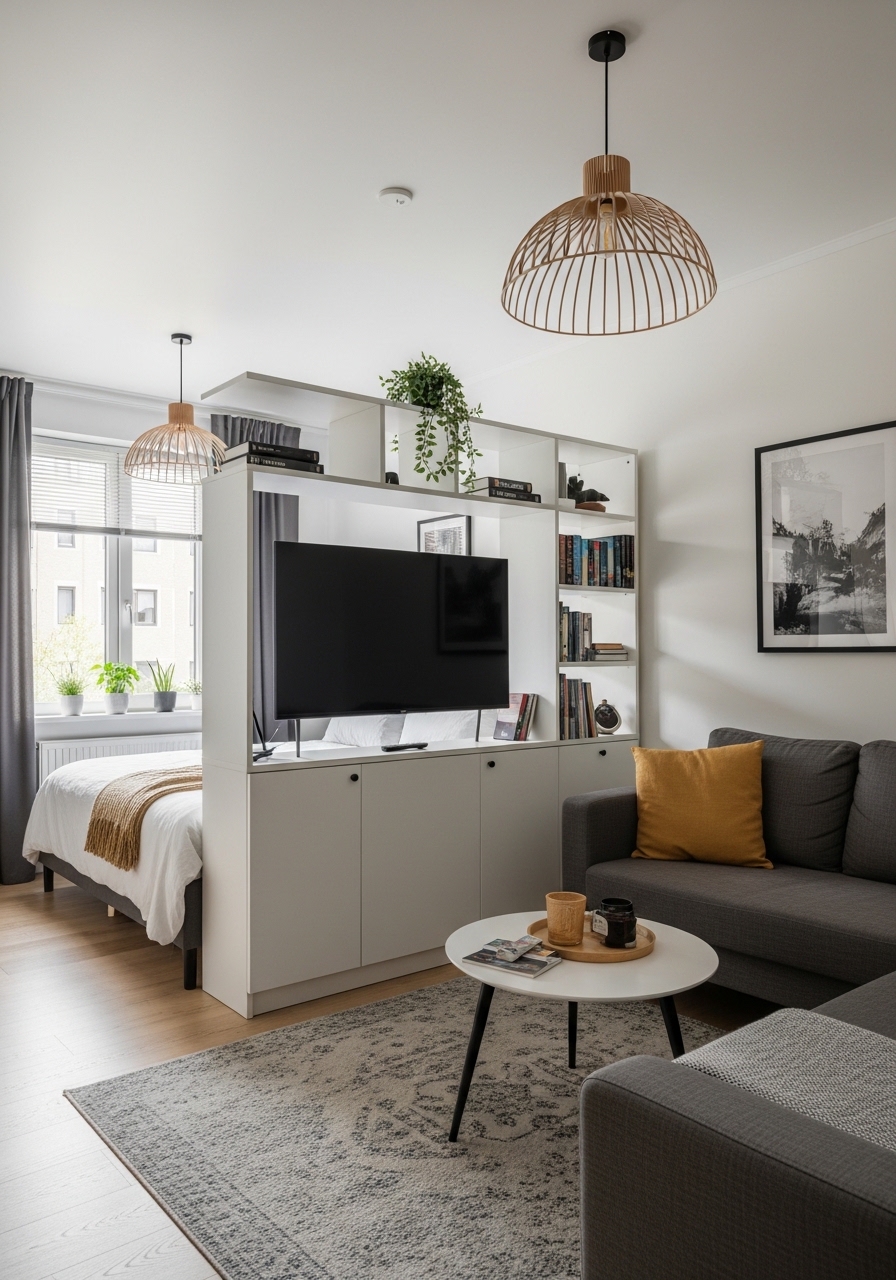 Studio apartment with TV console divider, small sofa,