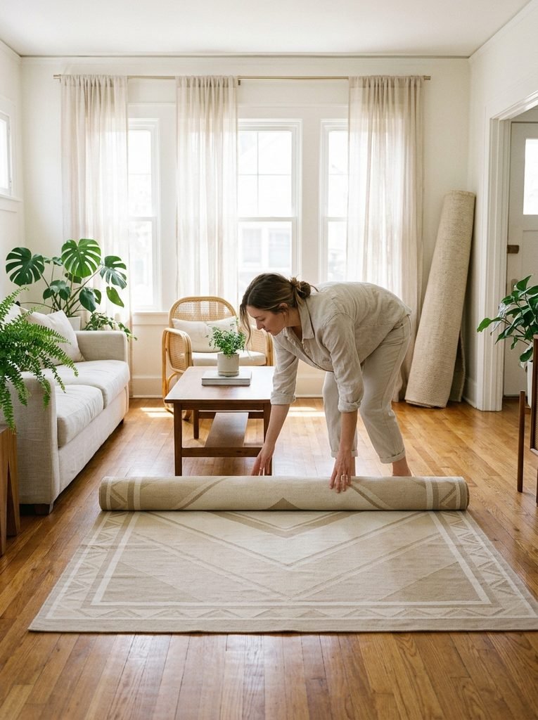 A geometric rug in sand or cream looks light, but a thick wool pile still holds heat and dust in July. 
