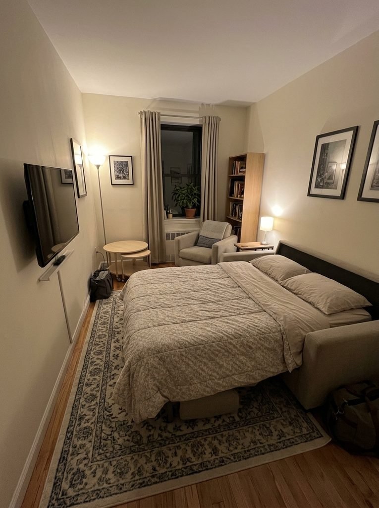 A queen-size sleeper sofa needs about 90 inches of open floor, measured from the sofa's back once the mattress is out.