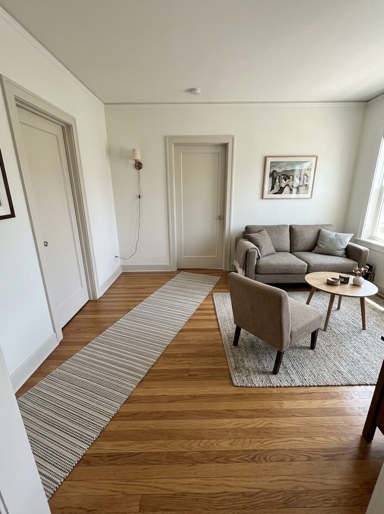 Two doors on neighboring walls draw a diagonal path across the floor, and everyone who walks it cuts through your seating.
