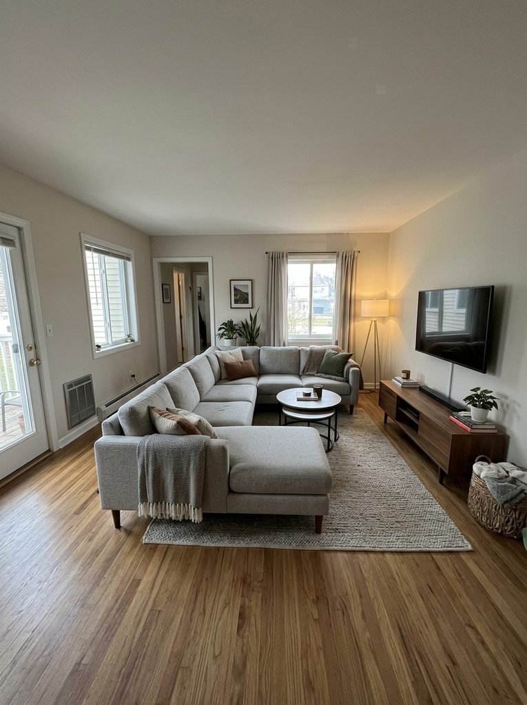 Doors, windows, and a vent can leave a single clear wall, and the TV has to go there. Mount it with the center about 42 inches above the floor.