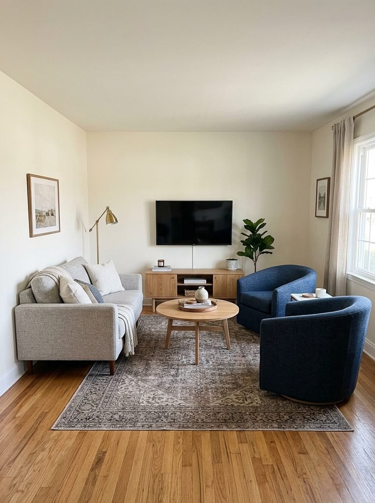 An 11-by-11 room has no long wall to push a sofa against, so the standard sofa-and-TV plan stalls.