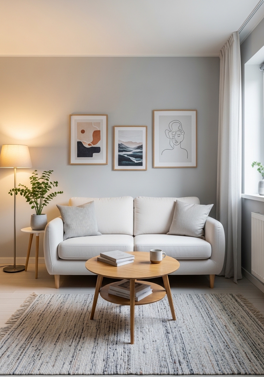 Tiny apartment living room with white couch