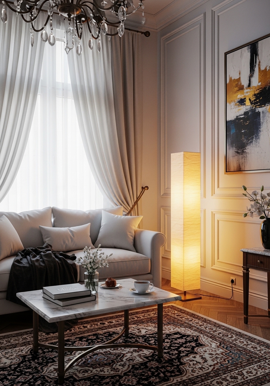 Tiny living room with white couch, warm glowing floor lamp, cozy luxury apartment interior