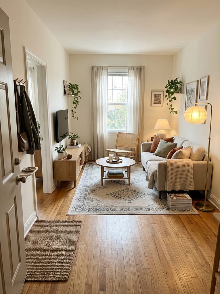 Small living room arranged with a sofa, rug, and lighting for a clear view from the door
