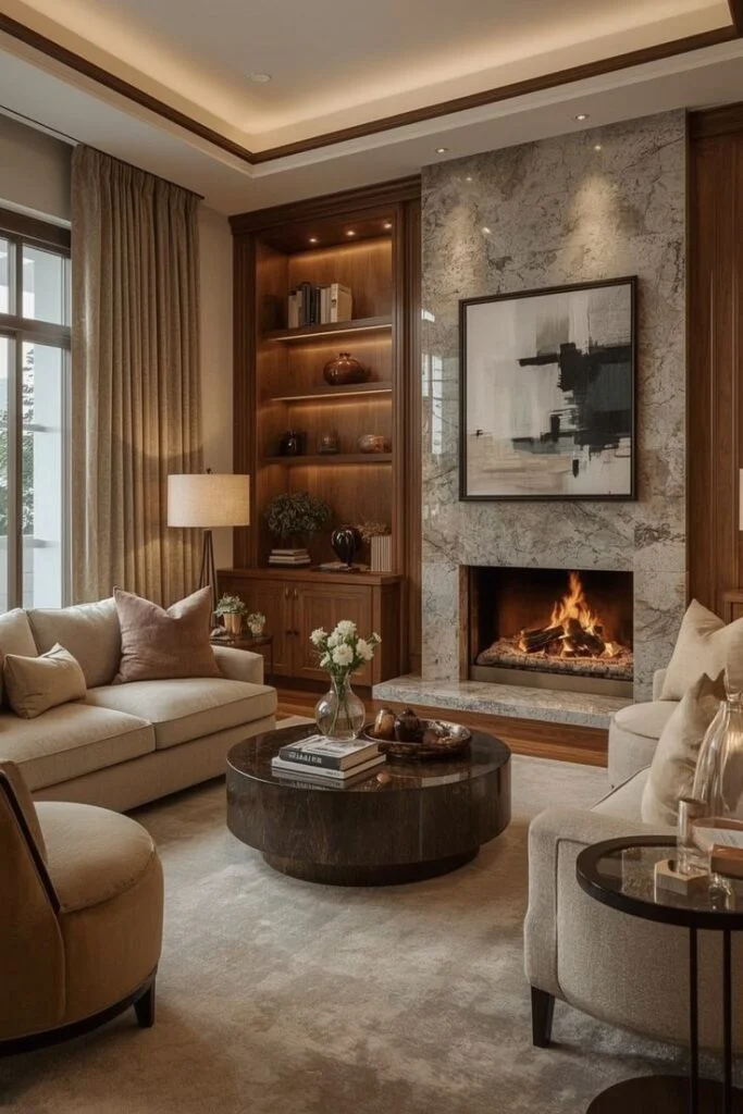 White Brick Fireplace with Wood Beam Mantel