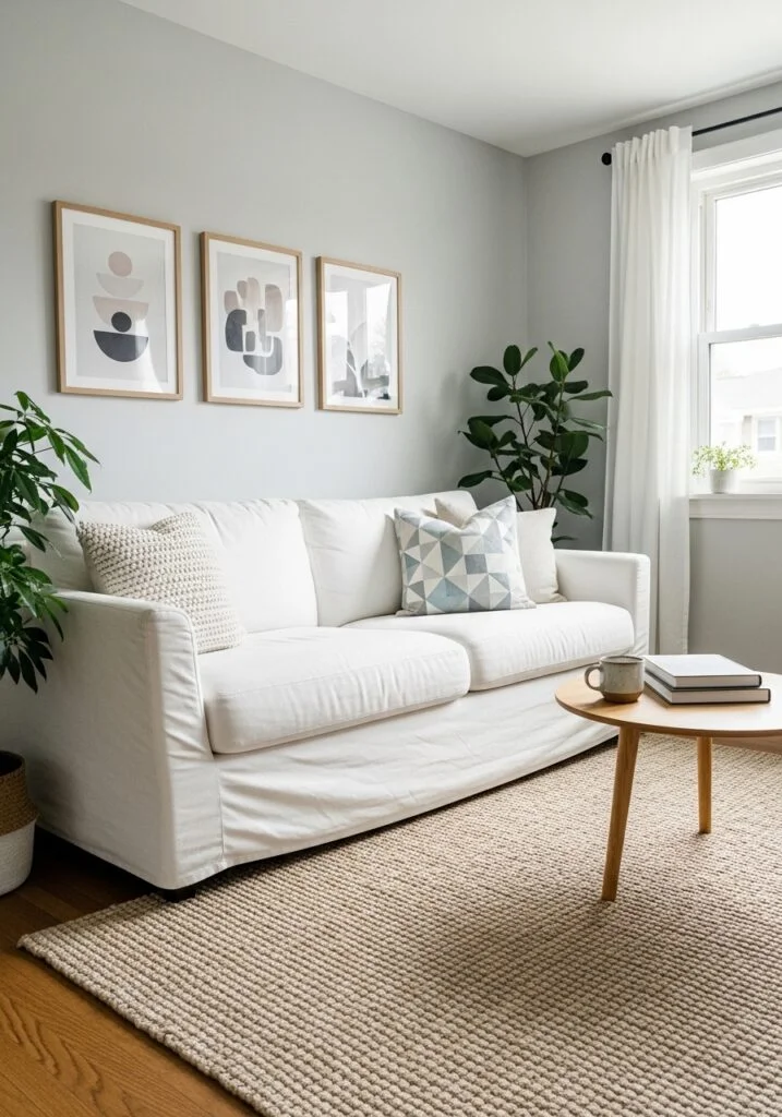 White couch against wall with minimalist black and white gallery art