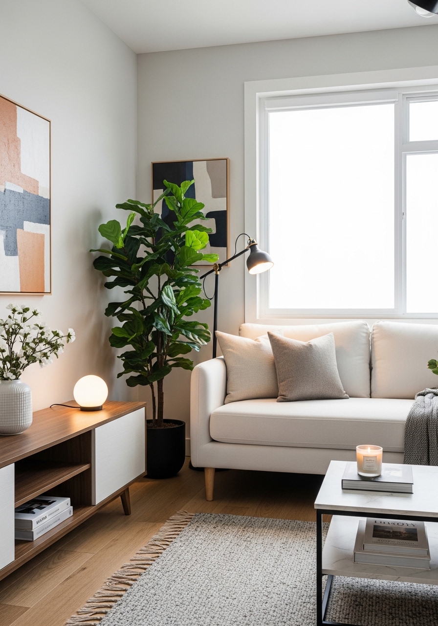 White couch in small modern living room with tall indoor plant