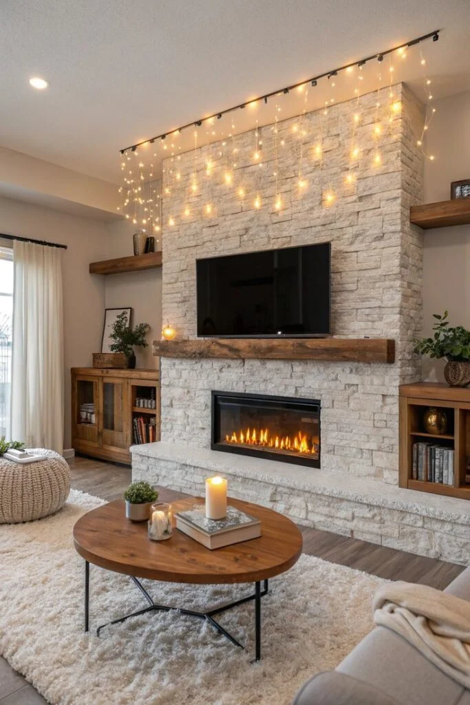 Whitewashed Brick Cottage Fireplace