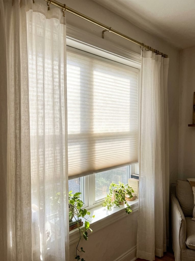 Sheer linen curtains soften glare, but they do little about heat on their own. Think in layers.