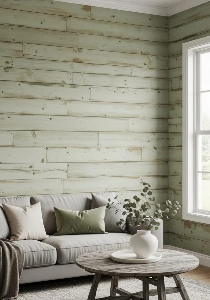 Wooden Wall Planks Painted in Subtle Sage Tones