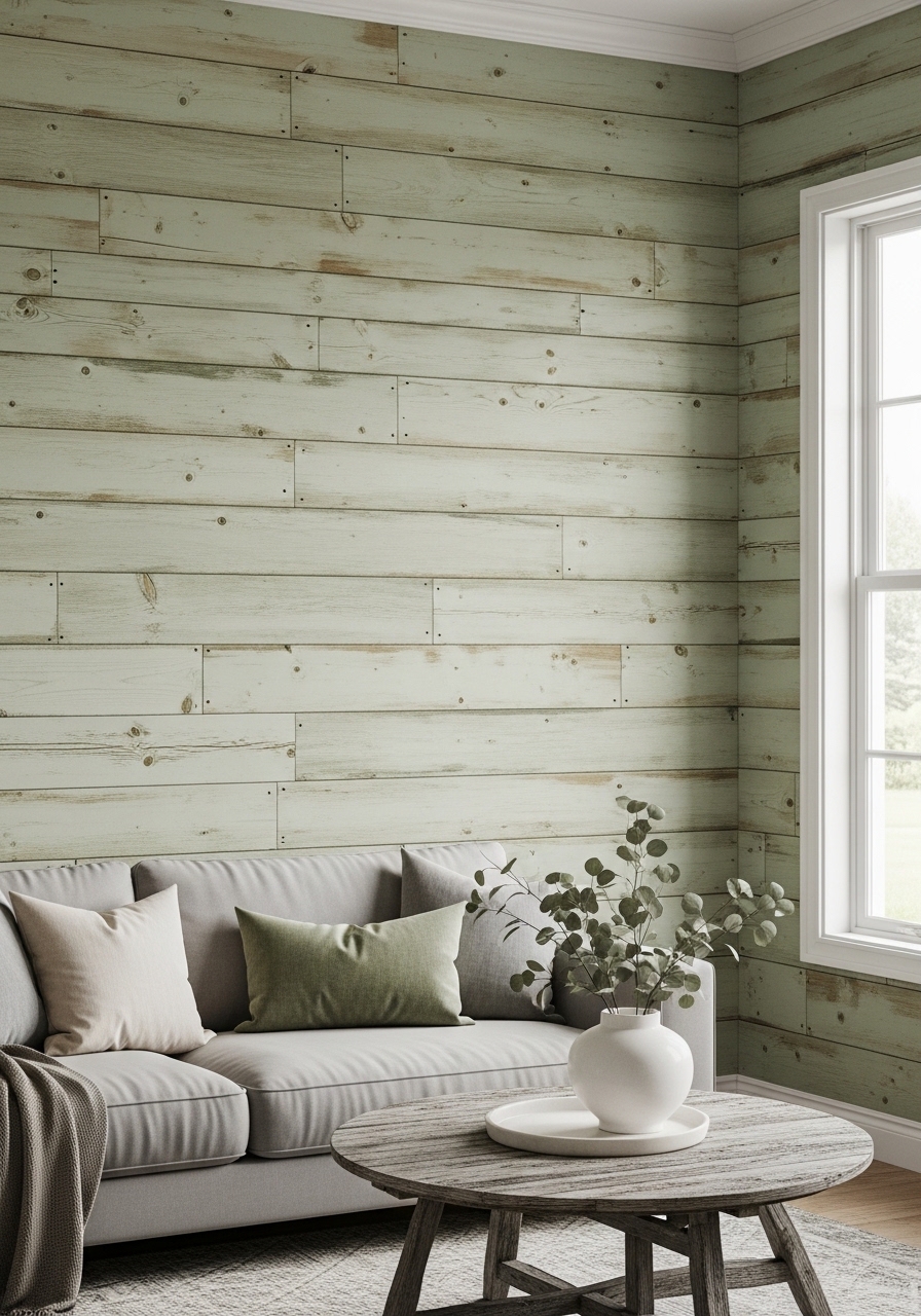 Wooden Wall Planks Painted in Subtle Sage Tones