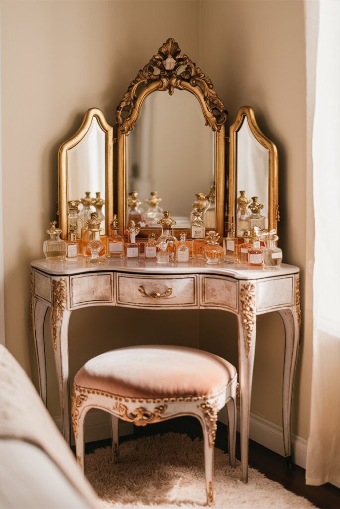 “antique vanity table with gold mirror, perfume bottles, elegant feminine bedroom corner”