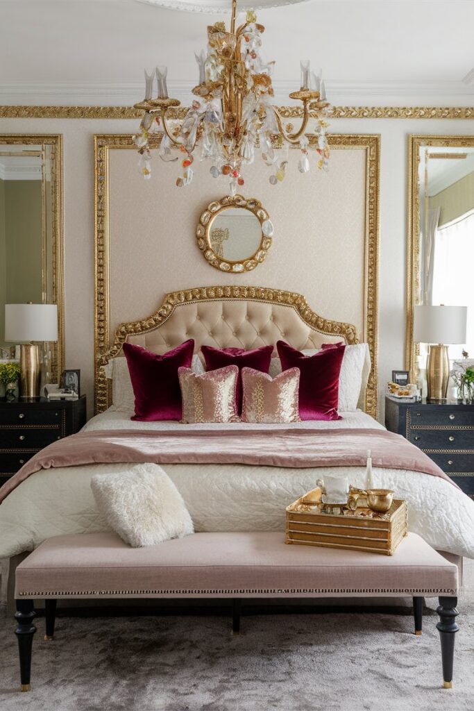 “bed with multiple velvet and silk throw pillows, glamorous bedroom”