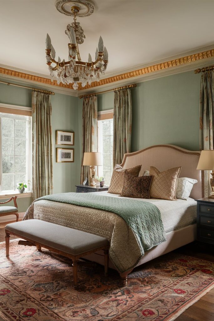“bedroom with crown molding, elegant traditional decor”