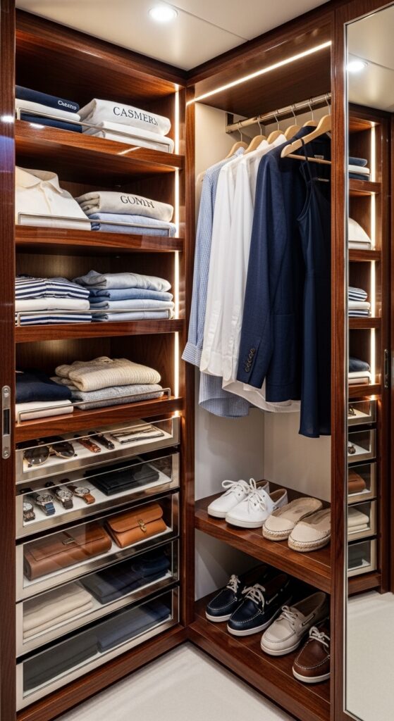 “compact yacht closet with organized shelves and hanging space”