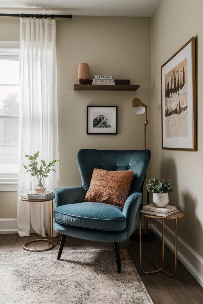 “cozy reading nook with velvet chair, small table, soft lighting”