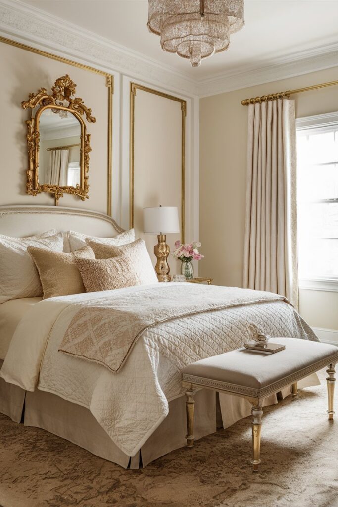 “cream and gold bedroom with elegant bedding, gold framed mirror, classic feminine decor, soft lighting”