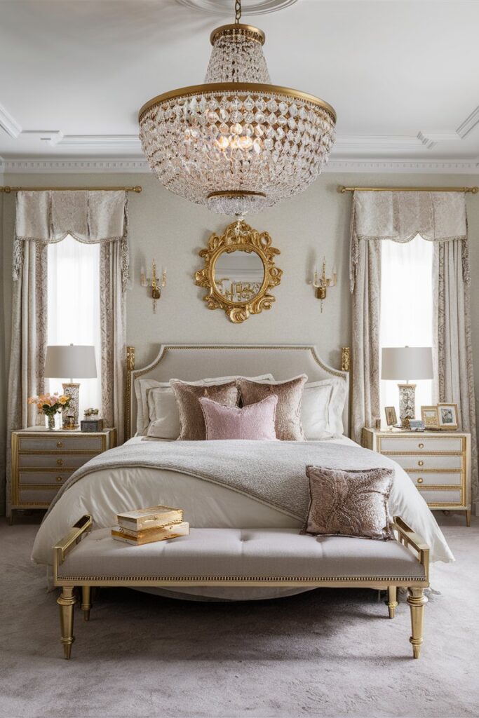 “crystal chandelier hanging above elegant bed, glamorous bedroom with gold accents and soft fabrics”
