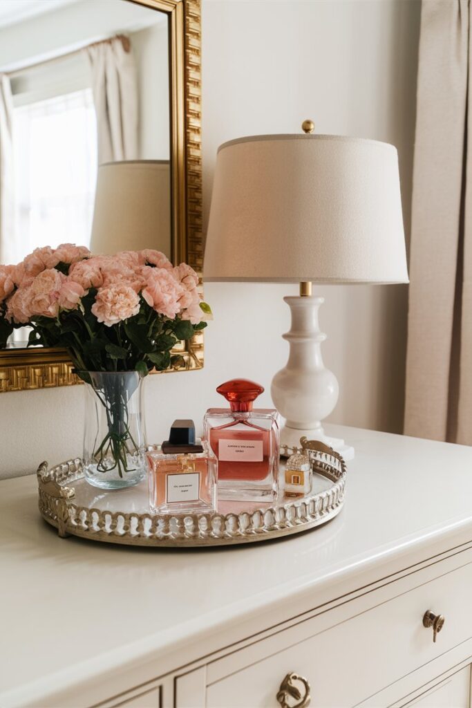 “decorative tray with perfume bottles on dresser, elegant feminine bedroom”